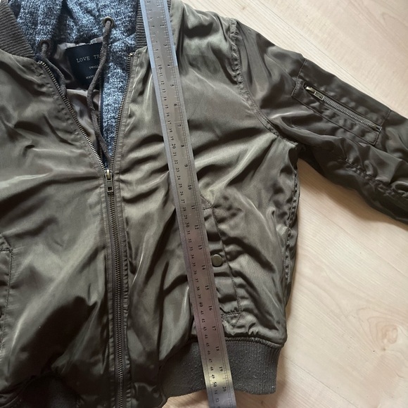 Love Tree Olive Bomber Jacket with Knit Hood- Size Small - Picture 10 of 10